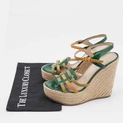 Pre Owned Saint Laurent Green Patent Leather and Suede Tribute Wedge Sandals Size 38.5