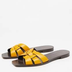 Pre Owned Saint Laurent Mustard Yellow Leather Tribute Flat Sandals Size 38