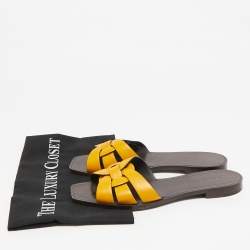 Pre Owned Saint Laurent Mustard Yellow Leather Tribute Flat Sandals Size 38