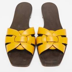 Pre Owned Saint Laurent Mustard Yellow Leather Tribute Flat Sandals Size 38