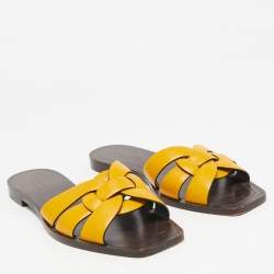 Pre Owned Saint Laurent Mustard Yellow Leather Tribute Flat Sandals Size 38