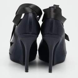 Saint Laurent Navy Blue Satin Open Toe Ankle Wrap Platform Pumps Size 37