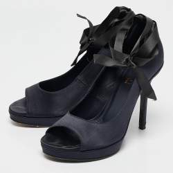 Saint Laurent Navy Blue Satin Open Toe Ankle Wrap Platform Pumps Size 37