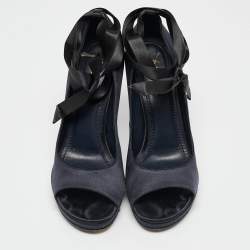 Saint Laurent Navy Blue Satin Open Toe Ankle Wrap Platform Pumps Size 37