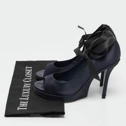 Saint Laurent Navy Blue Satin Open Toe Ankle Wrap Platform Pumps Size 37