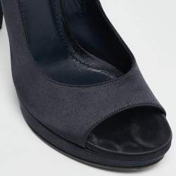 Saint Laurent Navy Blue Satin Open Toe Ankle Wrap Platform Pumps Size 37