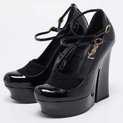 Saint Laurent Black Patent Leather Block Heel Pumps Size 36