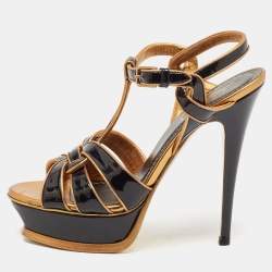 مملوكة مسبقًا Yves Saint Laurent Black/Gold Patent and Leather Tribute Sandals Size 37