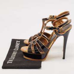 مملوكة مسبقًا Yves Saint Laurent Black/Gold Patent and Leather Tribute Sandals Size 37