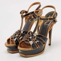 مملوكة مسبقًا Yves Saint Laurent Black/Gold Patent and Leather Tribute Sandals Size 37