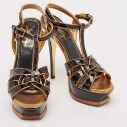 مملوكة مسبقًا Yves Saint Laurent Black/Gold Patent and Leather Tribute Sandals Size 37