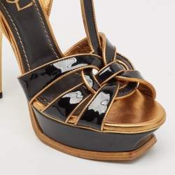 مملوكة مسبقًا Yves Saint Laurent Black/Gold Patent and Leather Tribute Sandals Size 37