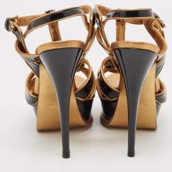 مملوكة مسبقًا Yves Saint Laurent Black/Gold Patent and Leather Tribute Sandals Size 37