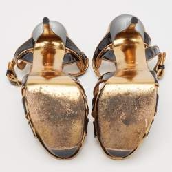 مملوكة مسبقًا Yves Saint Laurent Black/Gold Patent and Leather Tribute Sandals Size 37