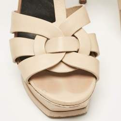 Saint Laurent Beige Leather Tribute Platform Sandals Size 37