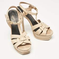 Saint Laurent Beige Leather Tribute Platform Sandals Size 37