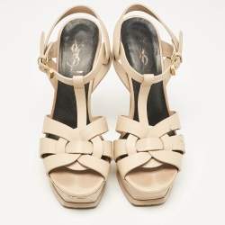 Saint Laurent Beige Leather Tribute Platform Sandals Size 37