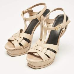 Saint Laurent Beige Leather Tribute Platform Sandals Size 37