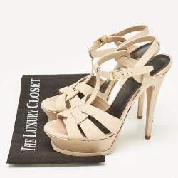 Saint Laurent Beige Leather Tribute Platform Sandals Size 37