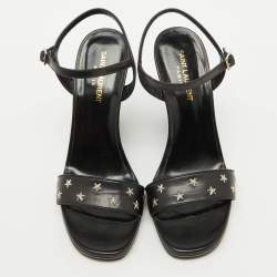 Saint Laurent Black Stars Leather Ankle Strap Wedge Sandals Size 39.5