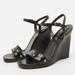 Saint Laurent Black Stars Leather Ankle Strap Wedge Sandals Size 39.5