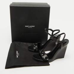 Saint Laurent Black Stars Leather Ankle Strap Wedge Sandals Size 39.5