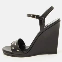 Saint Laurent Black Stars Leather Ankle Strap Wedge Sandals Size 39.5