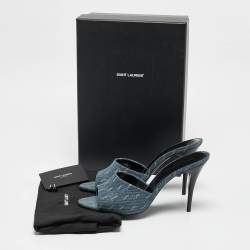 Saint Laurent Blue Monogram Denim LA 16 Slide Sandals Size 39