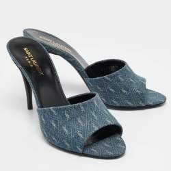 Saint Laurent Blue Monogram Denim LA 16 Slide Sandals Size 39