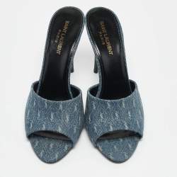 Saint Laurent Blue Monogram Denim LA 16 Slide Sandals Size 39