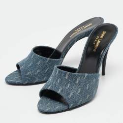 Saint Laurent Blue Monogram Denim LA 16 Slide Sandals Size 39