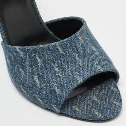 Saint Laurent Blue Monogram Denim LA 16 Slide Sandals Size 39