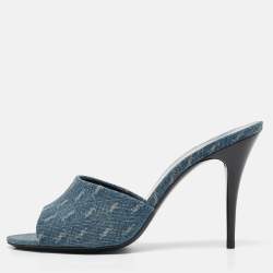 Saint Laurent Blue Monogram Denim LA 16 Slide Sandals Size 39