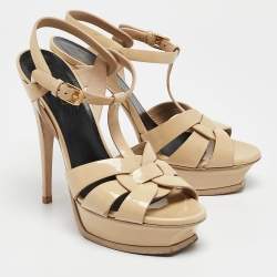 Saint Laurent Beige Patent Leather Tribute Sandals Size 39