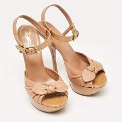 Pre Owned Saint Laurent Brown Patent Leather Ankle Strap Sandals Size 38.5