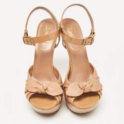 Pre Owned Saint Laurent Brown Patent Leather Ankle Strap Sandals Size 38.5