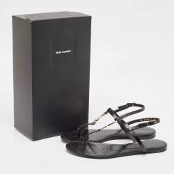 Saint Laurent Black Croc Embossed Leather Cassandra Flat Sandals Size 39