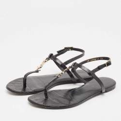Saint Laurent Black Croc Embossed Leather Cassandra Flat Sandals Size 39