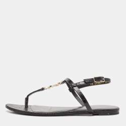 Saint Laurent Black Croc Embossed Leather Cassandra Flat Sandals Size 39