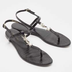 Saint Laurent Black Croc Embossed Leather Cassandra Flat Sandals Size 39