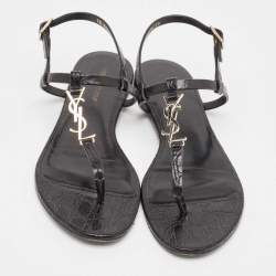 Saint Laurent Black Croc Embossed Leather Cassandra Flat Sandals Size 39
