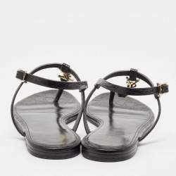 Saint Laurent Black Croc Embossed Leather Cassandra Flat Sandals Size 39
