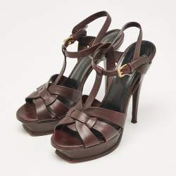 Saint Laurent Dark Burgundy Leather Tribute Platform Sandals Size 39