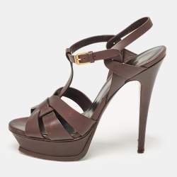 Saint Laurent Dark Burgundy Leather Tribute Platform Sandals Size 39