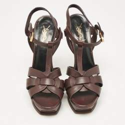 Saint Laurent Dark Burgundy Leather Tribute Platform Sandals Size 39