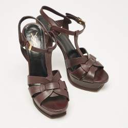 Saint Laurent Dark Burgundy Leather Tribute Platform Sandals Size 39