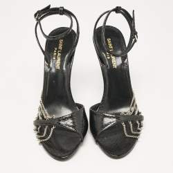 Pre Owned Saint Laurent Black Snakeskin Leather Ankle Strap Sandals Size 38