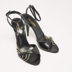 Pre Owned Saint Laurent Black Snakeskin Leather Ankle Strap Sandals Size 38