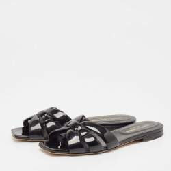 Pre Owned Saint Laurent Black Patent Leather Tribute Flat Slides Size 36