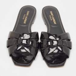 Pre Owned Saint Laurent Black Patent Leather Tribute Flat Slides Size 36